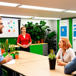 **

A dynamic workshop scene with diverse stakeholders (employees, customers, maybe even a community member) actively participating in a brainstorming session. Focus on collaborative energy and open communication.  Use bright, inviting colors. The setting should suggest a modern, forward-thinking German company, perhaps with elements reflecting sustainability (e.g., plants, recycling bins).

**