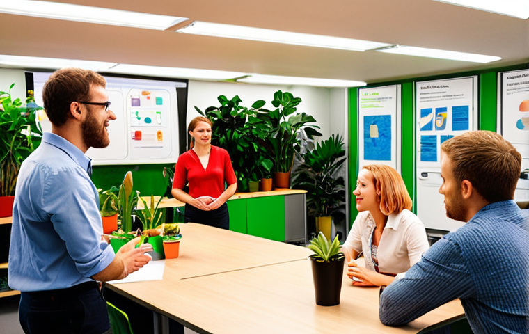 **
A dynamic workshop scene with diverse stakeholders (employees, customers, maybe even a community member) actively participating in a brainstorming session. Focus on collaborative energy and open communication. Use bright, inviting colors. The setting should suggest a modern, forward-thinking German company, perhaps with elements reflecting sustainability (e.g., plants, recycling bins).
**