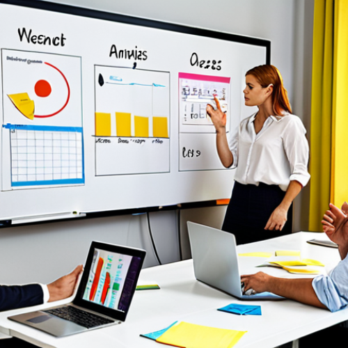Home 9 A strategic planning meeting in a modern German office. The scene includes a whiteboard covered in SWOT analysis diagrams, sticky notes, and charts. Business professionals are actively discussing, using laptops, and gesturing towards the board. The atmosphere is collaborative and focused on identifying strengths, weaknesses, opportunities, and threats. The style is realistic and professional.