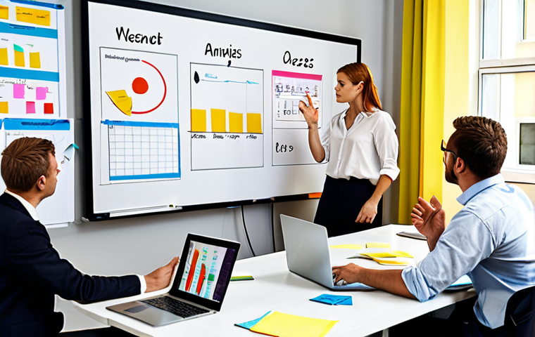 A strategic planning meeting in a modern German office. The scene includes a whiteboard covered in SWOT analysis diagrams, sticky notes, and charts. Business professionals are actively discussing, using laptops, and gesturing towards the board. The atmosphere is collaborative and focused on identifying strengths, weaknesses, opportunities, and threats. The style is realistic and professional.