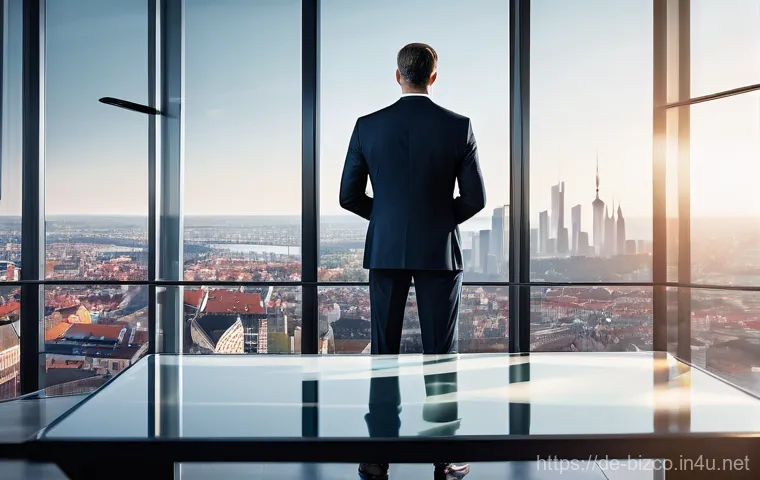 기업경영지도사로서의 데이터 기반 의사결정 - A professional male consultant in his early 40s, dressed in a sharp business suit, stands in a moder...