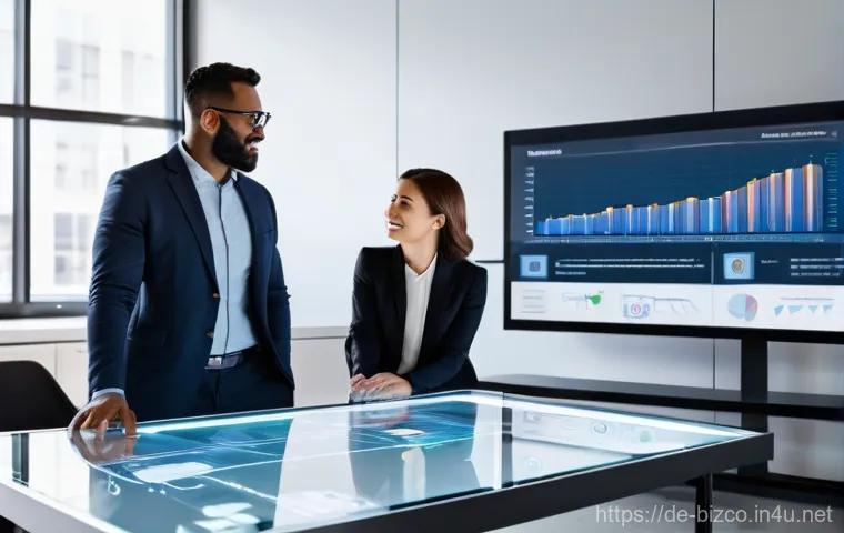 기업경영지도사로서의 데이터 기반 의사결정 - A professional male consultant in his early 40s, dressed in a sharp business suit, stands in a moder...