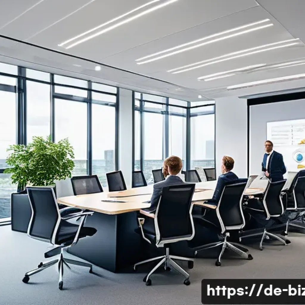 기업경영지도사 자격증 활용 분야 - A modern corporate boardroom scene in a sleek German office building, featuring diverse business con...
