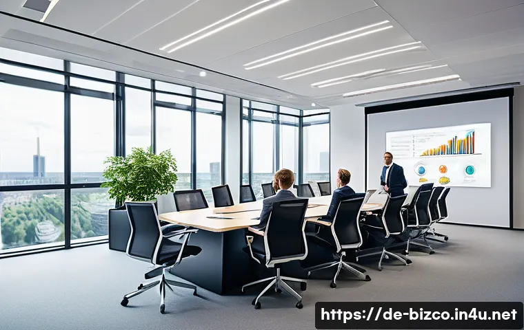 기업경영지도사 자격증 활용 분야 - A modern corporate boardroom scene in a sleek German office building, featuring diverse business con...