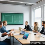 Home 17 기업경영지도사 시험 준비 스터디 방법 - A diverse study group of young German adults sitting around a modern conference table in a bright, w...