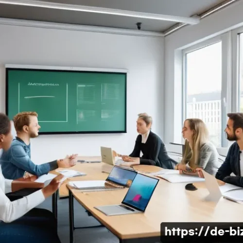 Home 11 기업경영지도사 시험 준비 스터디 방법 - A diverse study group of young German adults sitting around a modern conference table in a bright, w...