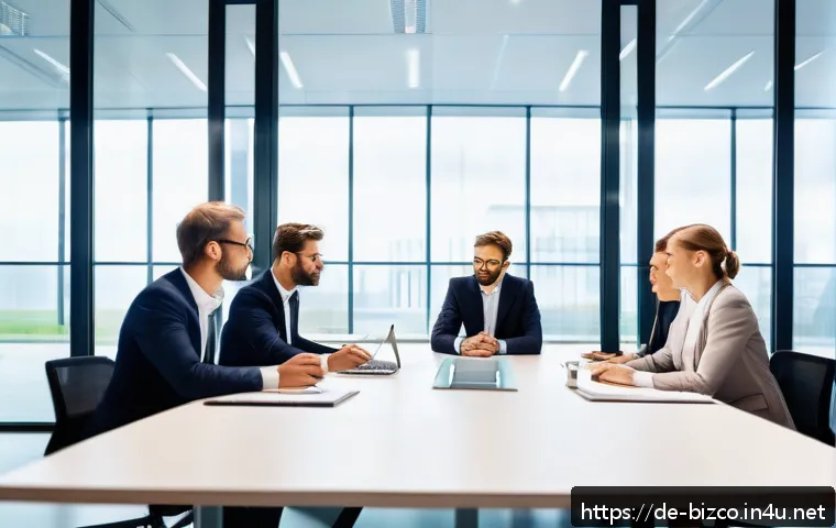 기업경영지도사 윤리적 의사결정 사례 - A modern corporate office scene showing a diverse group of professional employees and managers engag...