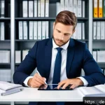 기업경영지도사 관련 법률 지식 - A professional German corporate consultant in a modern office setting, reviewing detailed legal cont...