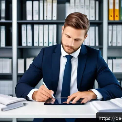 기업경영지도사 관련 법률 지식 - A professional German corporate consultant in a modern office setting, reviewing detailed legal cont...