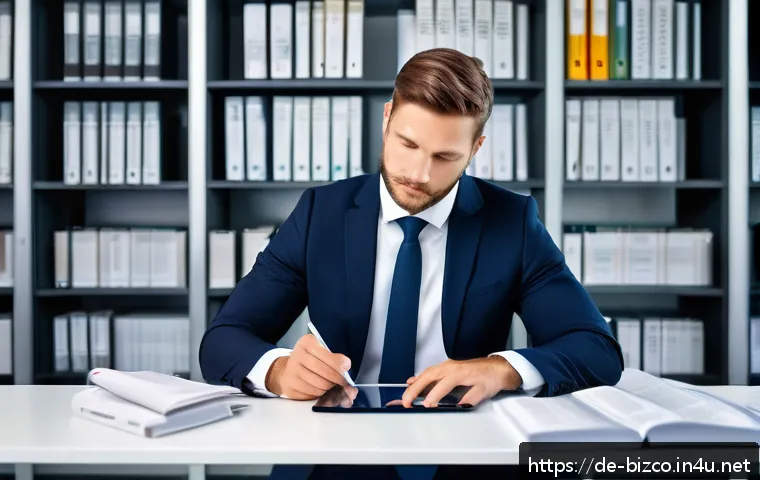 기업경영지도사 관련 법률 지식 - A professional German corporate consultant in a modern office setting, reviewing detailed legal cont...