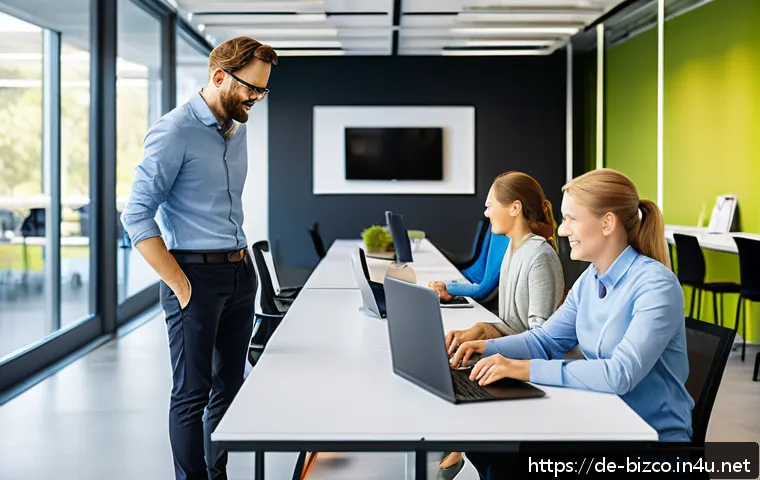 기업경영지도사로 일하며 얻은 인사이트 - A modern open office environment in a German IT service company featuring a flat hierarchy setup: di...